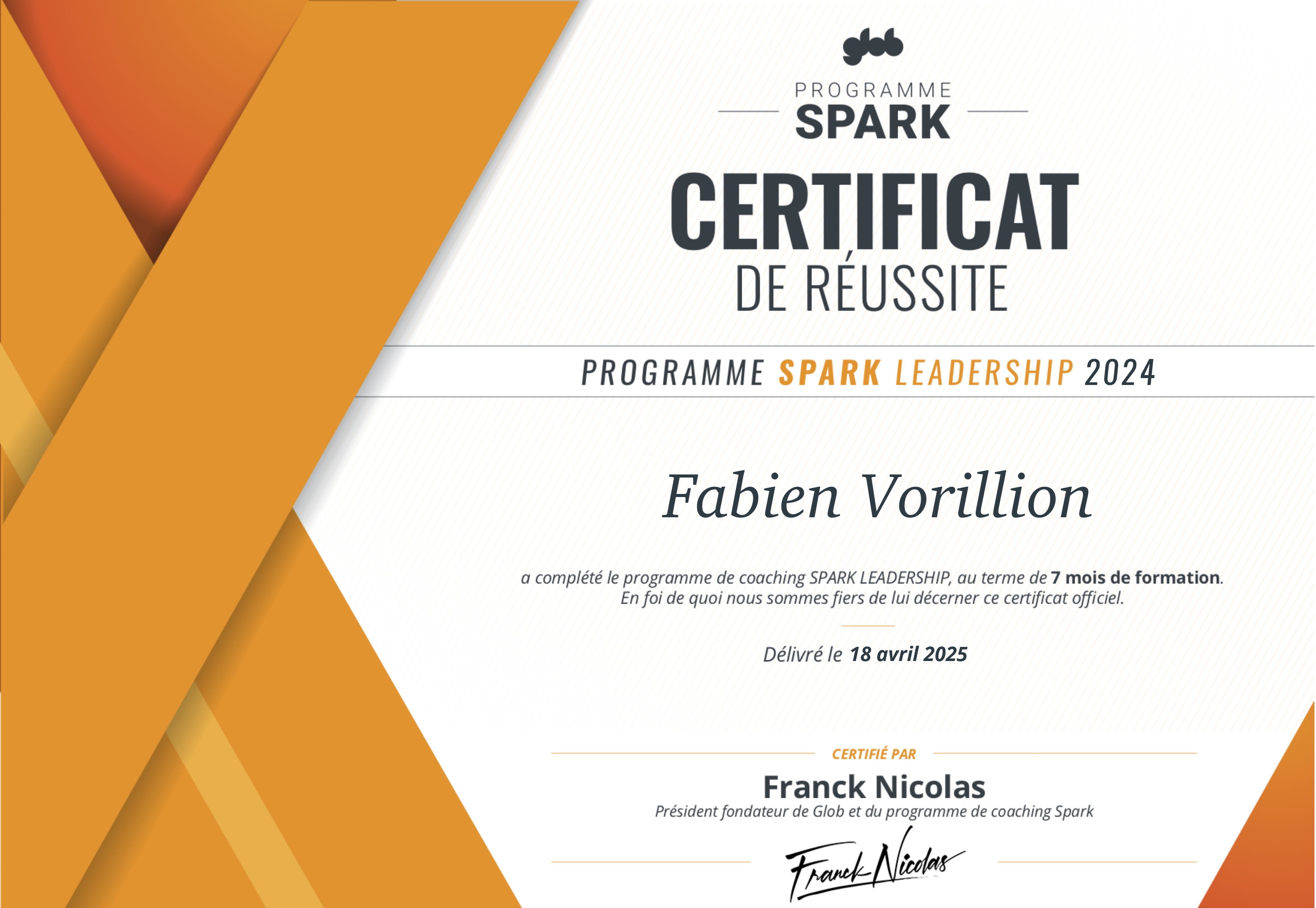 Certificat de réussite Programme Spark Leadership 2024