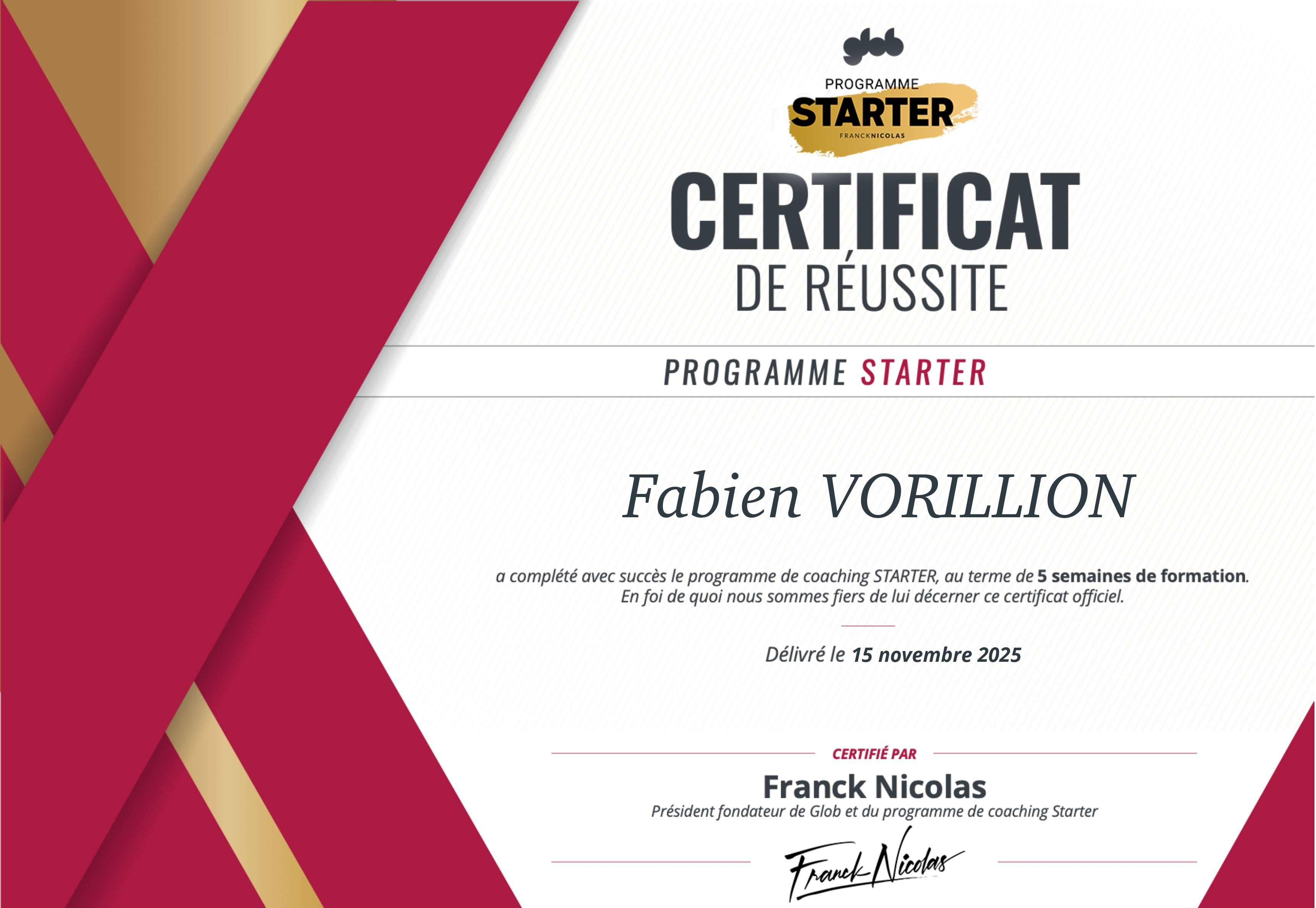 Certificat de réussite Programme Starter - Franck Nicolas