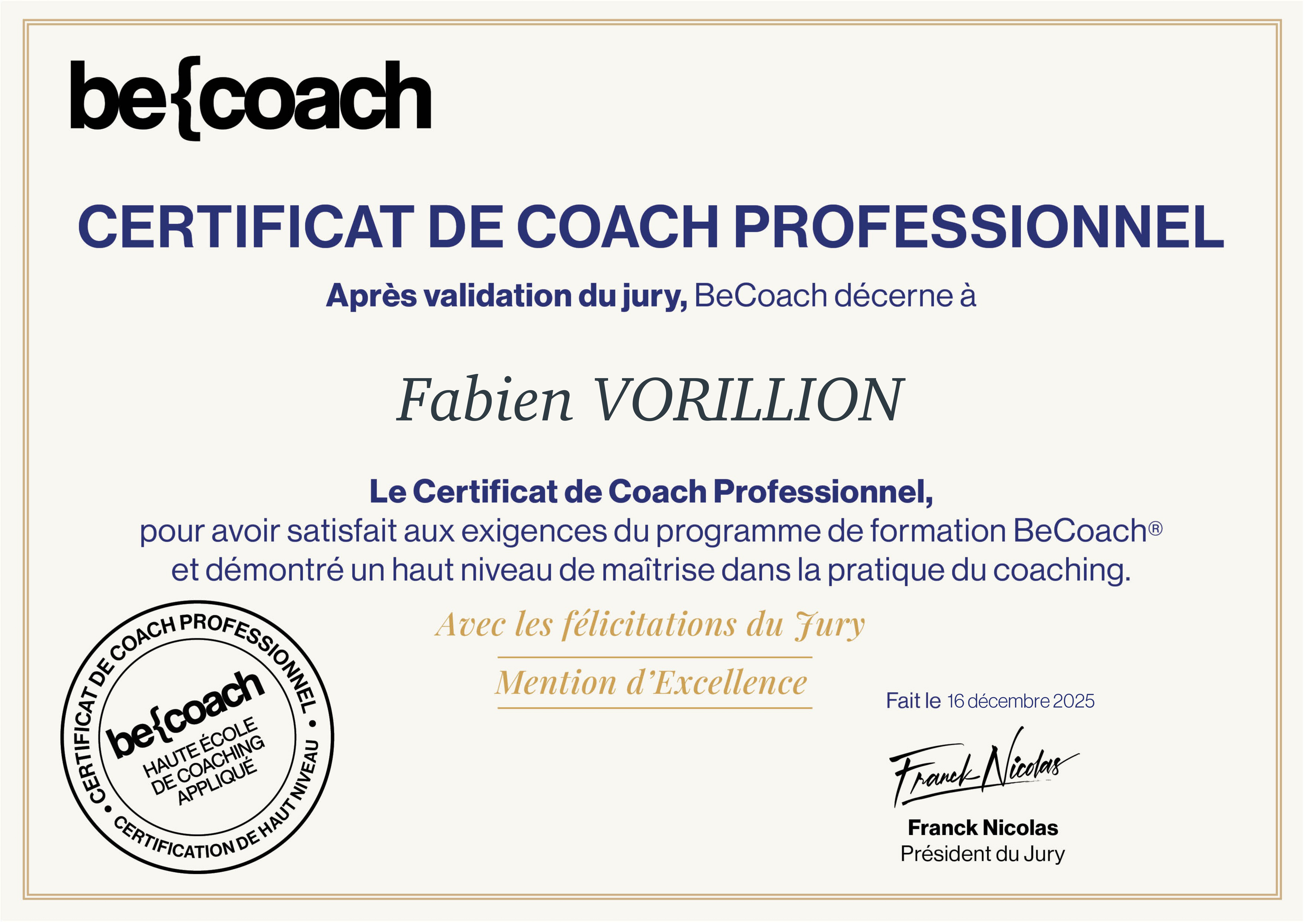 Certification professionnelle BeCoach – Fabien Vorillion