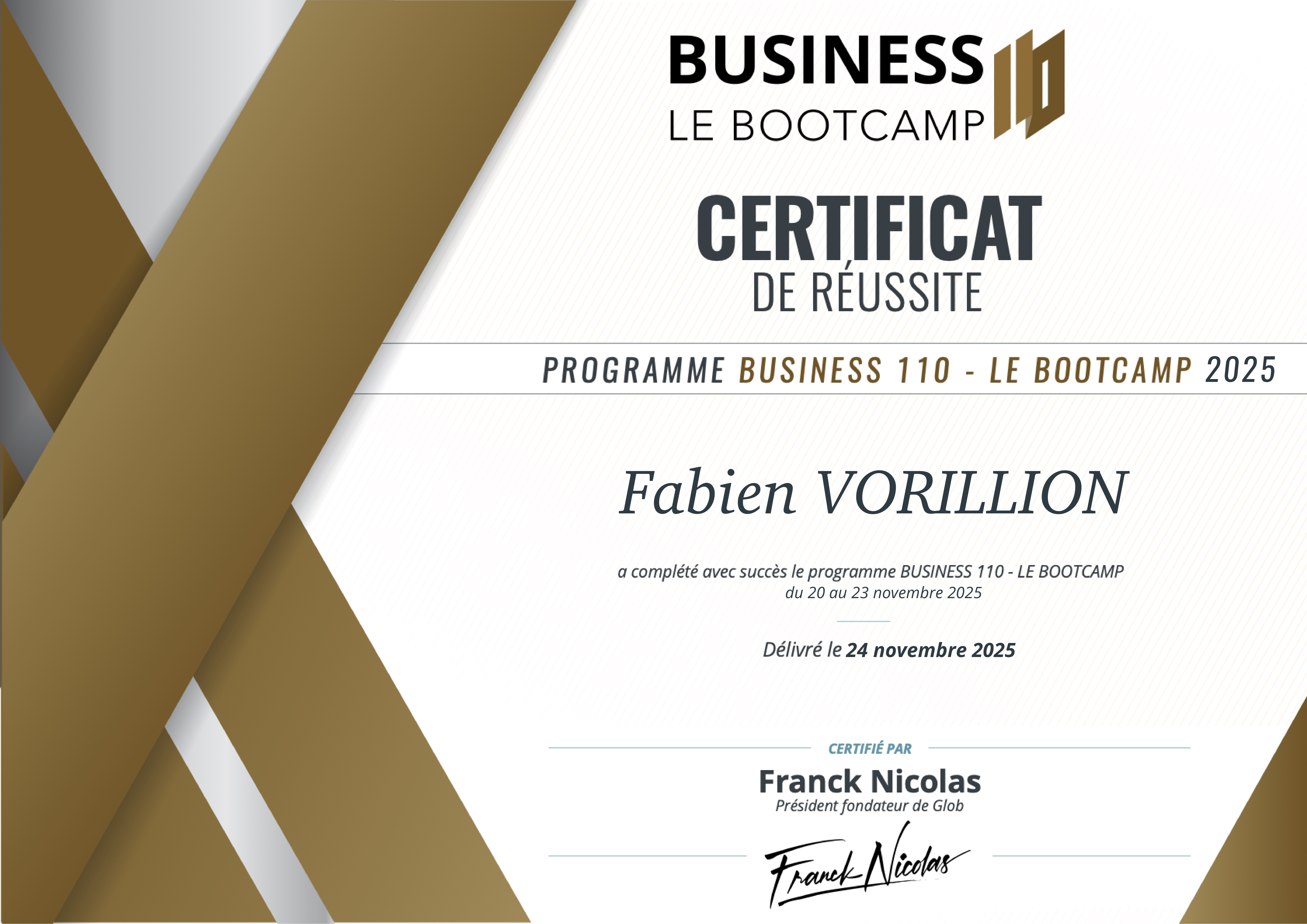 Diplôme Business 110 - Franck Nicolas