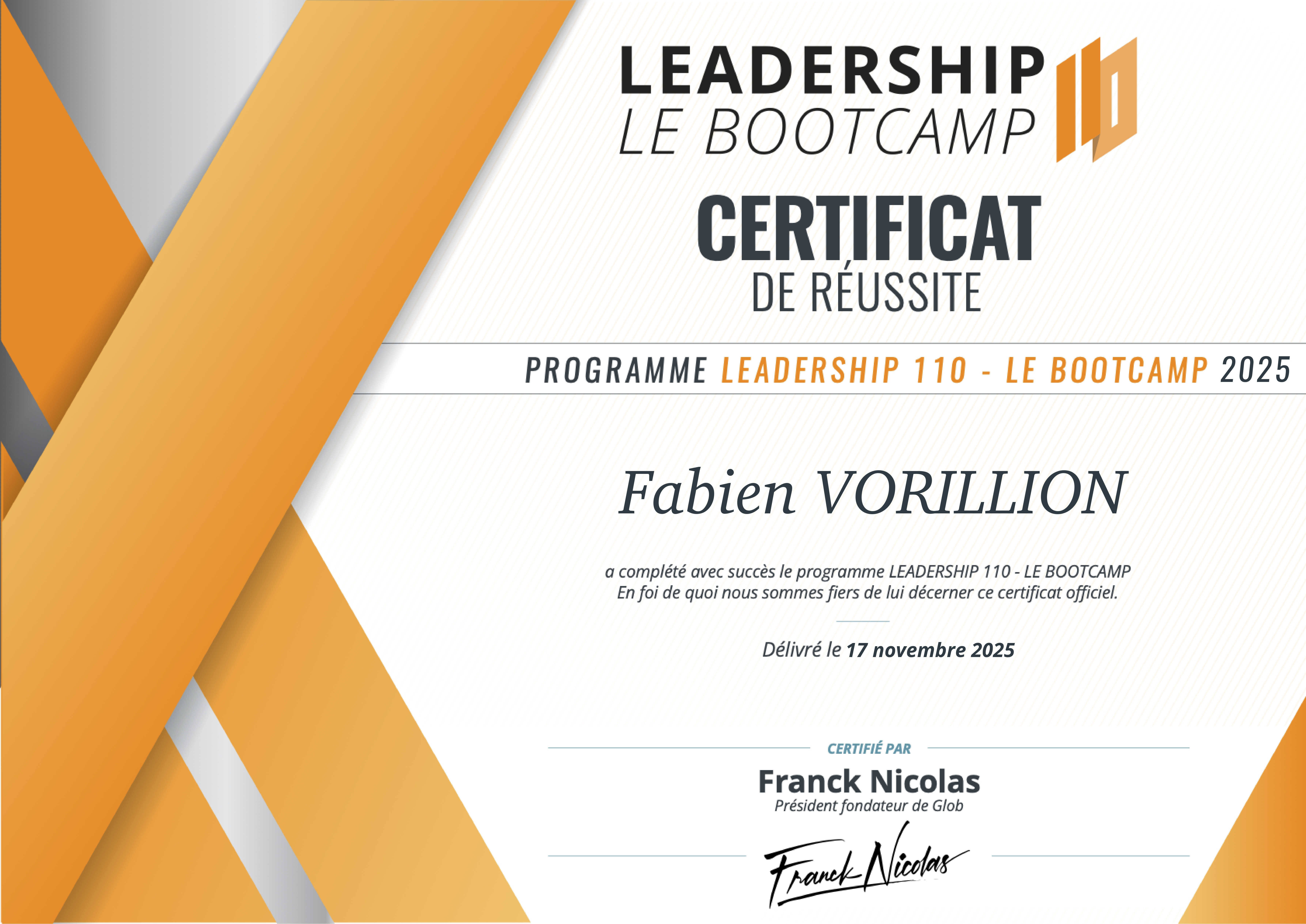 Diplôme Leadership 110 - Franck Nicolas